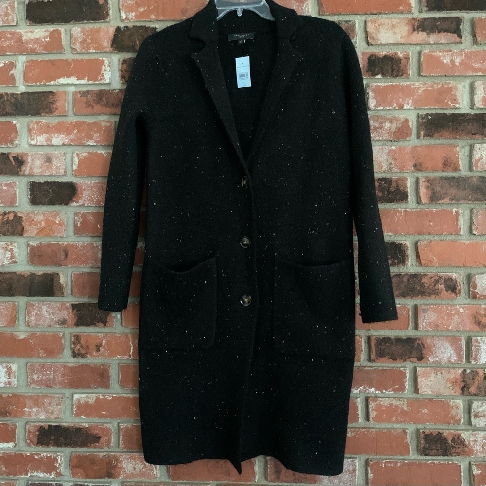 Ann Taylor NWT Speckled Flecked Black Long Sweater Coat Duster Sz 6P - Picture 3 of 15